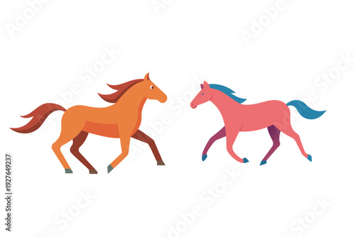 Two cartoon horses in vibrant colors, an orange horse and a pink horse, running together