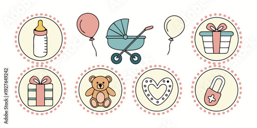 A delightful assortment of various food items and a baby stroller Vector
