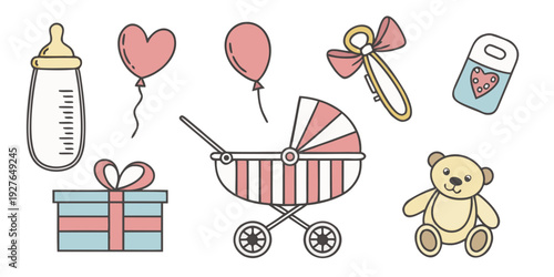 A delightful assortment of baby items including toys, bottles, and accessories. Vector