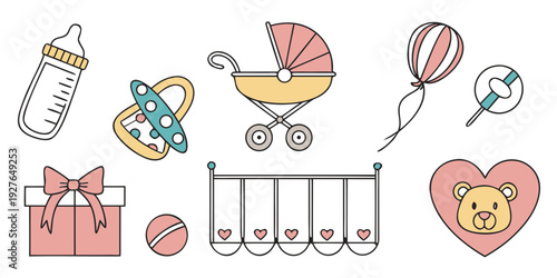 A delightful collection of baby items and toys arranged in a charming manner Vector
