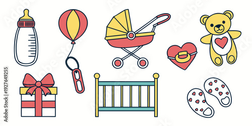 A delightful assortment of baby-themed items and toys arranged neatly in a row Vector