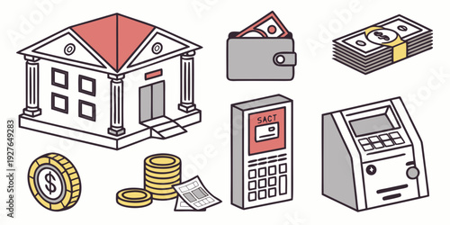 Illustration of various buildings and structures with people and objects around them Vector
