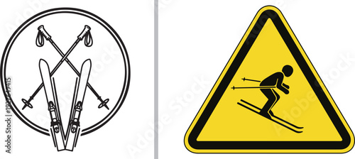 A minimalist vector graphic featuring a black-and-white circular emblem with crossed skis and poles, next to a yellow triangular warning sign depicting a downhill skier in motion.