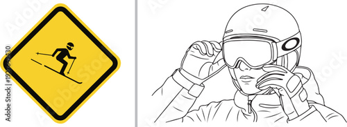 Minimalist line art of a yellow diamond-shaped ski warning sign, paired with a detailed sketch of a skier adjusting their professional helmet and goggles.