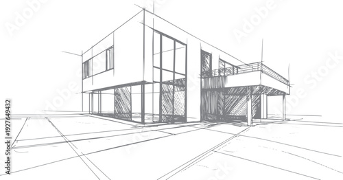 Of a modern two-story house with large windows and balcony