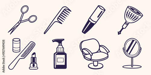 Assorted beauty and grooming tools including scissors, comb, brush, and hair dryer. Vector