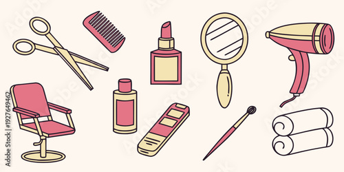 A collection of beauty and hair care tools and accessories Vector