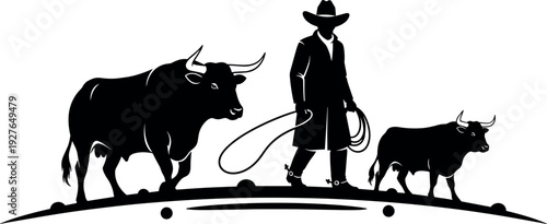 Black and white silhouette of a cowboy walking with a large bull and a calf holding a rope on ranch land