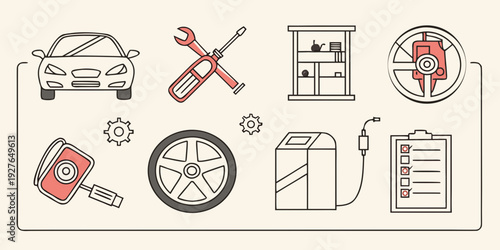 Assorted icons representing various aspects of car maintenance and repair services. Vector