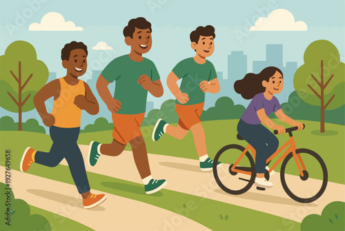 flat vector illustration of diverse people jogging and cycling in a city park