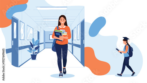 Young female student walks down a bright school hallway carrying books and wearing a backpack while smiling during her daily campus life.
