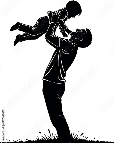 Black and white silhouette of a father lifting his young son in the air over grass, celebrating fatherhood and family.