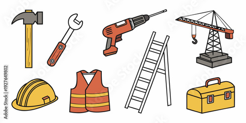 An assortment of construction tools and safety equipment laid out neatly Vector