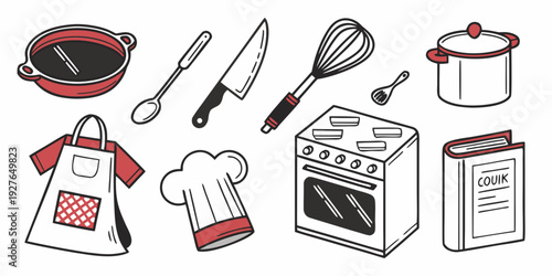 A variety of kitchen utensils and appliances ready for cooking and baking. Vector
