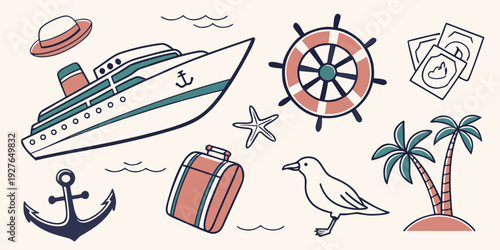 A vibrant collection of nautical and travel-themed illustrations showcasing boats, anchors, and globes Vector