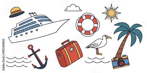 Vacation essentials including travel, beach, and adventure items Vector