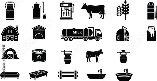 Set of black and white vector icons representing various elements of the dairy farming industry