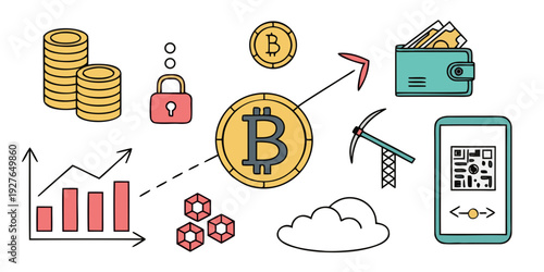 Illustrations of various cryptocurrency and financial elements Vector