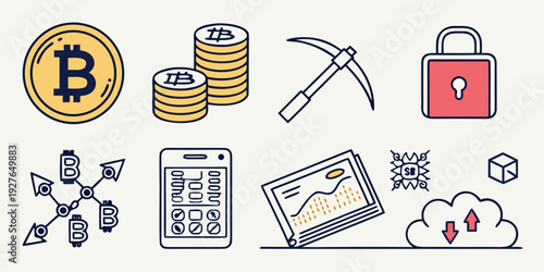 A collection of icons representing various aspects of cryptocurrency and blockchain technology. Vector
