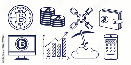 A diverse collection of icons representing various aspects of finance and business. Vector