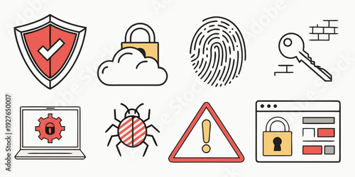 A collection of icons representing security, privacy, and data protection concepts. Vector