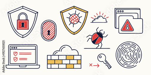 A collection of icons representing various aspects of cybersecurity and digital protection Vector
