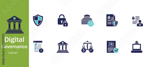 Digital Governance and Online Government Services Icon Set with Security Law and Compliance Symbols