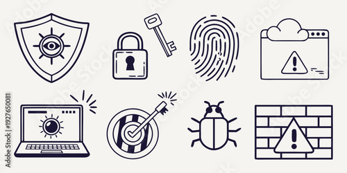 Collection of icons representing various aspects of cybersecurity and digital protection. Vector
