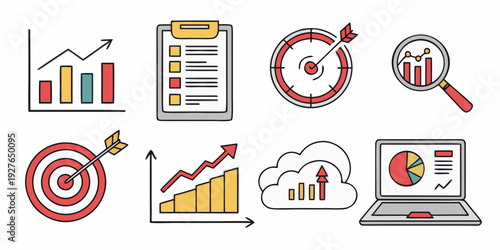 Diverse icons representing various aspects of business and productivity Vector