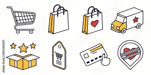 Assorted icons representing various aspects of online shopping and delivery services Vector