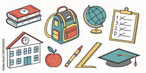 A collection of educational icons representing various school subjects and activities Vector