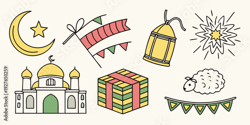 A colorful illustration of various objects and symbols representing different themes. Vector