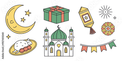 A whimsical illustration of a crescent moon, a hot air balloon, and a castle. Vector