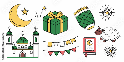 Colorful celebration of eid with mosque, gifts, and festive decorations Vector