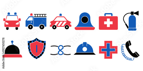 Assorted icons representing various emergency services and protective symbols Vector