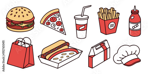 A variety of delicious fast food items including burgers, fries, and drinks Vector
