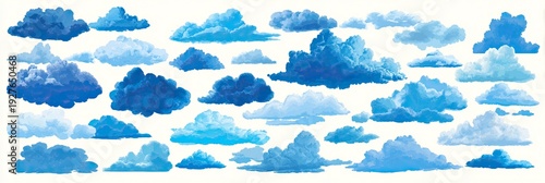 A collection of stylized, fluffy clouds in varying shades of blue, floating against white