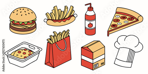 A colorful assortment of fast food items including burgers, fries, and drinks. Vector