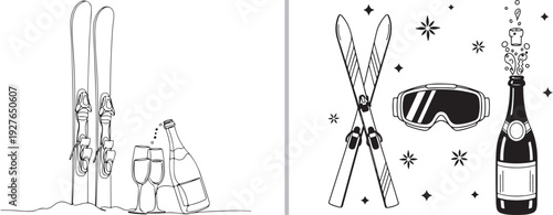 A minimalist line-art vector featuring a skier sitting on the snow holding a champagne glass, and another scene of a person celebrating with a bottle next to their planted skis.