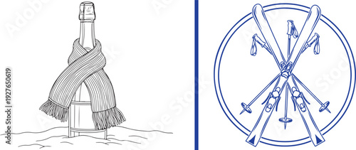 Minimalist line art featuring a pair of ski goggles alongside a red-inked depiction of a skier navigating a snowy slope through a pine forest.