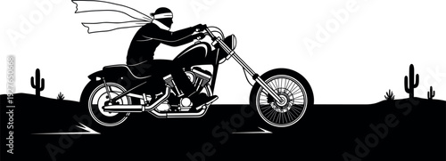 Black and white vector illustration of a rebel biker riding a custom chopper motorcycle through a desert landscape with cacti.