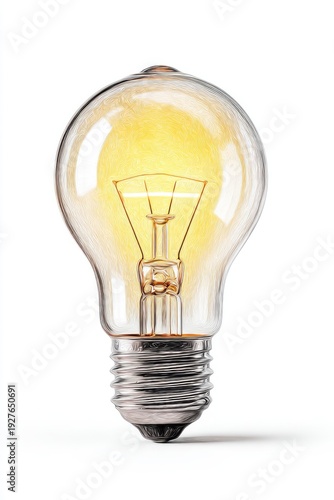 A lit lightbulb with a clear glass exterior, showing a filament, set against a white backdrop