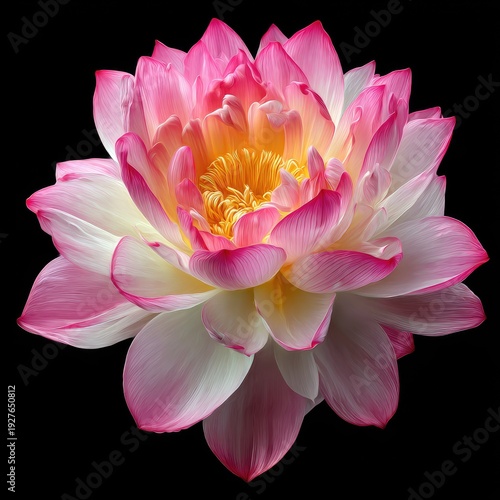 A close-up of a blooming lotus flower with vibrant pink and white petals on black background