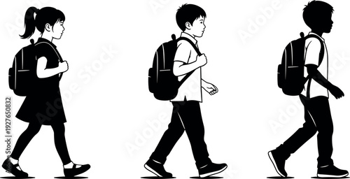 Black and white vector illustration of diverse elementary school children walking with backpacks for back to school education concept.