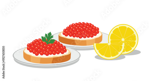 Traditional appetizer of red salmon caviar on bread slices served with fresh lemon pieces and a small sprig of green parsley.