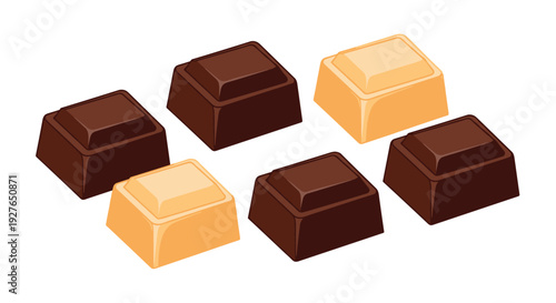 Collection of gourmet chocolate candies features dark and milk pralines arranged in rows over a clean white background.