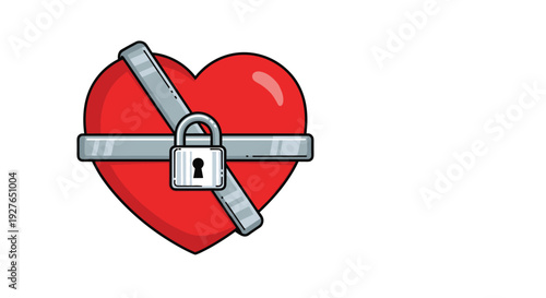 Red heart symbol is securely wrapped with a grey metallic band and fastened with a sturdy silver padlock device.