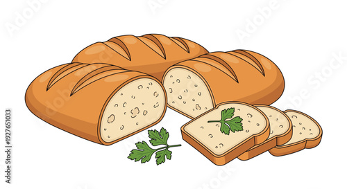Freshly baked loaves of wheat bread are presented alongside several cut slices and a small sprig of green parsley.