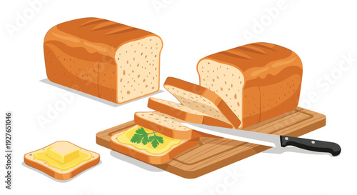 Sliced loaf of bread rests on a wooden cutting board with a kitchen knife and a prepared piece of buttered toast.