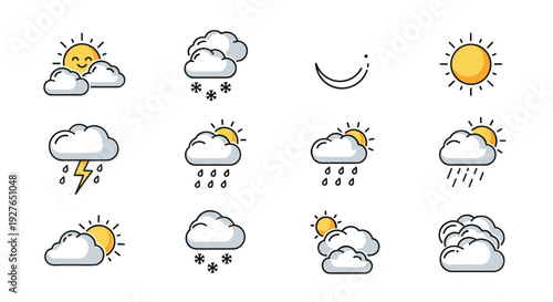 Set of weather forecast icons represents various conditions like sunny, cloudy, rainy, snowy, and stormy atmosphere.